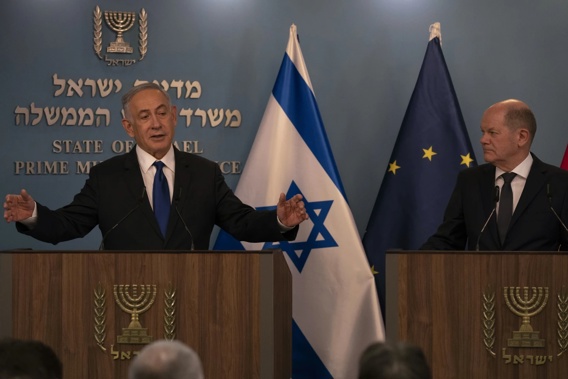 Israeli Prime Minister Benjamin Netanyahu, left, delivers his speech after a meeting with German Chancellor Olaf Scholz in Jerusalem, Sunday, March 17, 2024. Photo / AP, Leo Correa, Pool) 