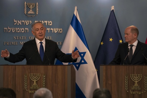 Israeli Prime Minister Benjamin Netanyahu, left, delivers his speech after a meeting with German Chancellor Olaf Scholz in Jerusalem, Sunday, March 17, 2024. Photo / AP, Leo Correa, Pool)