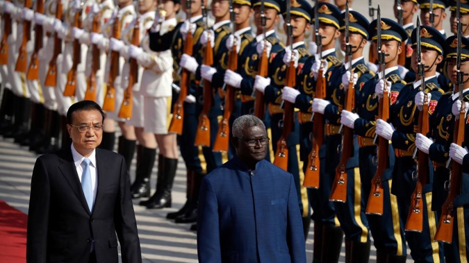 Chinese Premier Li Keqiang and Solomon Islands Prime Minister Manasseh Sogavare at a welcome ceremony at the Great Hall of the People in Beijing. Photo / AP