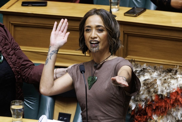 Te Pati Maori MP Oriini Kaipara singing a waiata after her maiden speech in Parliament, Wellington, 09 October, 2025. (Mark Mitchell/New Zealand Herald/NZME)