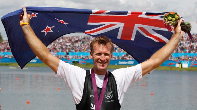 New Zealand's Mahe Drysdale after taking gold in the Olympic Games men's single scull rowing at the 2012 Olympics. (Photo / Mark Mitchell)
