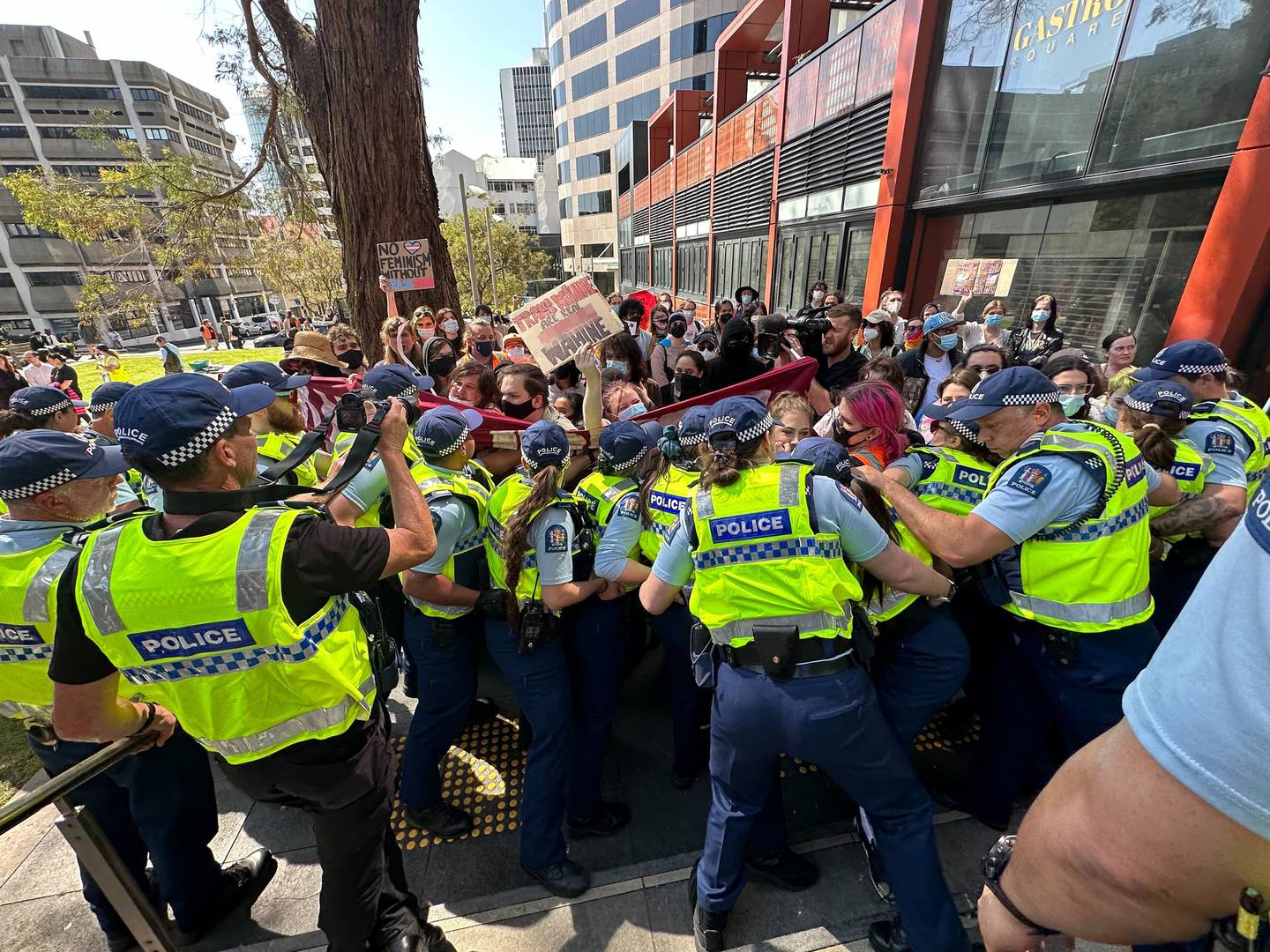 Police control a crowd at a rally in Auckland's St Patrick's Square. Photo / Jason Oxenham