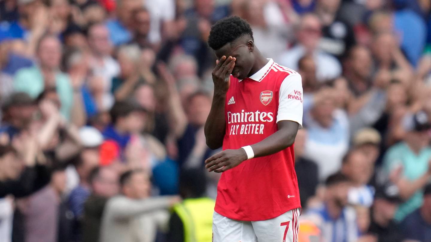 Arsenal's Bukayo Saka reacts after Brighton's Pervis Estupinan scored his side's third goal. Photo / AP