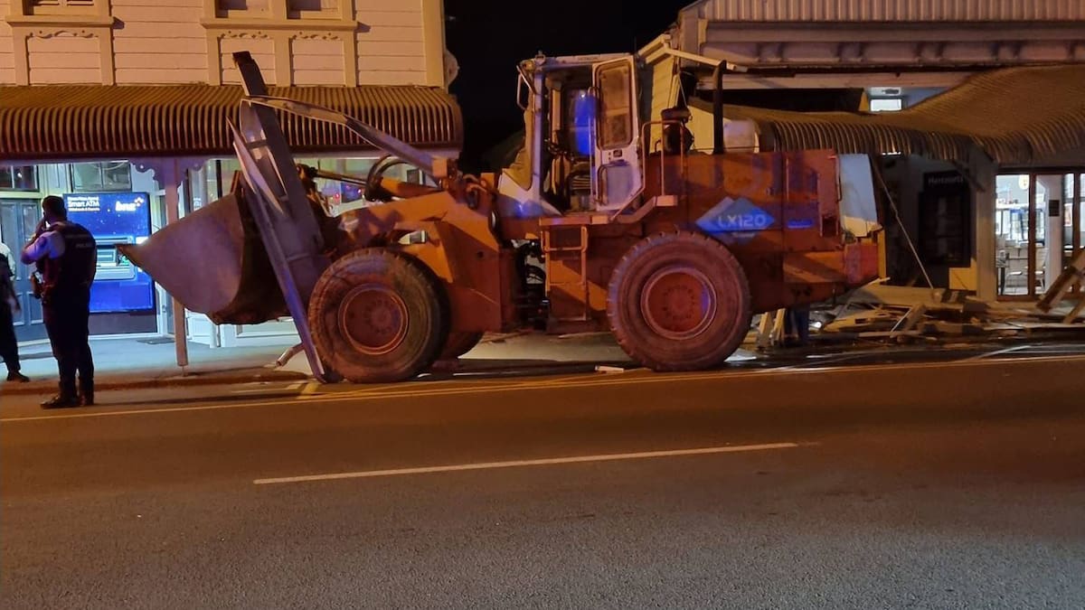 Kitchener's Cafe in Martinborough, Wairarapa, says the front of its building is seriously damaged after a digger ram-raided it. Photo / Kitchener's