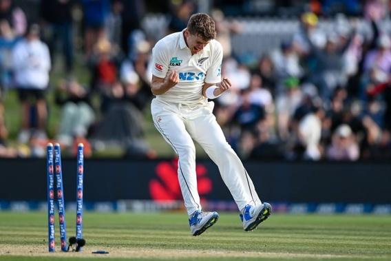 Ben Sears celebrates the wicket of Cameron Green. Photo / Photosport