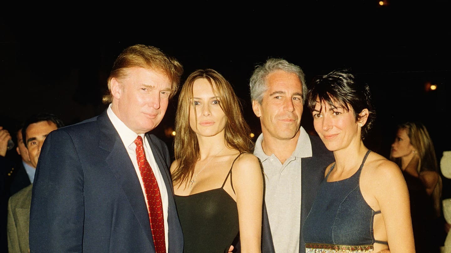 From left, American real estate developer Donald Trump and his girlfriend (and future wife), former model Melania Knauss, financier (and future convicted sex offender) Jeffrey Epstein, and British socialite Ghislaine Maxwell pose together at the Mar-a-Lago club, Palm Beach, Florida, February 12, 2000. Photo / Getty Images