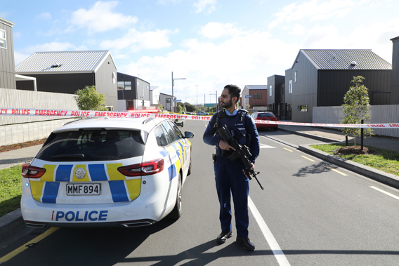 Police cordon on Whimbrel Rd Flat Bush after a man was found with shotgun wounds. (Photo / Hayden Woodward)