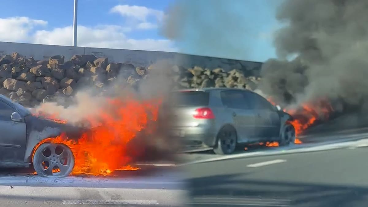 Watch: Car catches fire on side of Auckland's State Highway 1