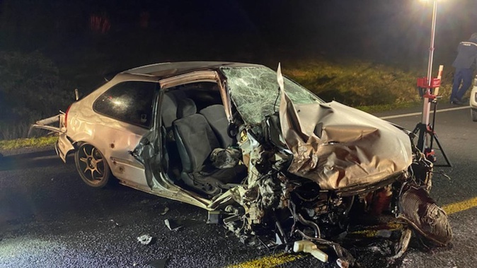 The car from which a man had to be cut after a colliding with a string of vehicles north of Taipa last night