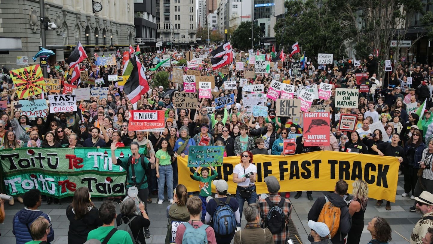 The protesters at Te Komititanga Square near Britomart after they marched down Queen St from Aotea Square. Photo / Sylvie Whinray