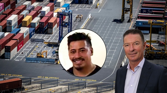 Former Ports of Auckland CEO, Tony Gibson (right) went on trial over the death of stevedore Pala’amo Kalati (inset) who was struck by a falling container on August 30, 2020. Main image and right /NZME, Inset/Supplied