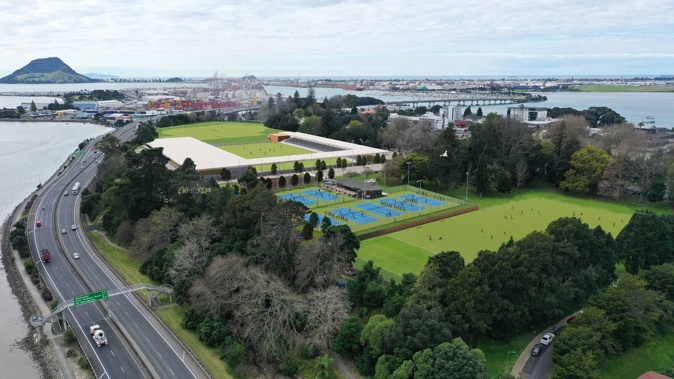 A 3D aerial view of the proposed boutique stadium at Tauranga Domain. Image / Boffa Miskell and Visitor Solutions
