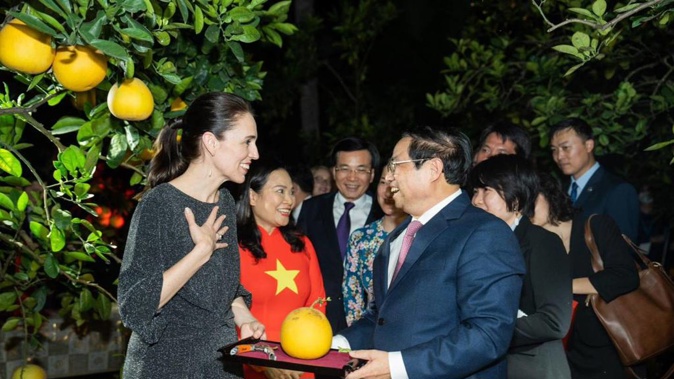 PM Jacinda Ardern gets a pomelo picked by Vienam's PM Pham Minh Chinh in Hanoi. Photo / Supplied