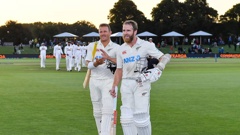 Neil Wagner and Kane Williamson celebrate winning the first test over Sri Lanka. Photo / Photosport