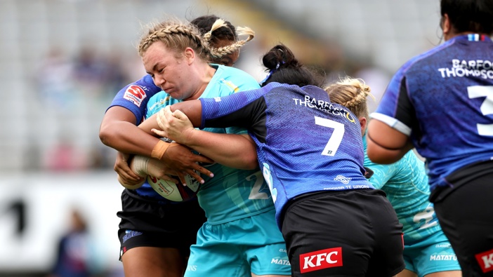 Amy Rule of Matatu is tackled during the round four Super Rugby Aupiki match between Blues and Matau at Eden Park on March 23, 2024 in Auckland, New Zealand. (Photo by Phil Walter/Getty Images)
