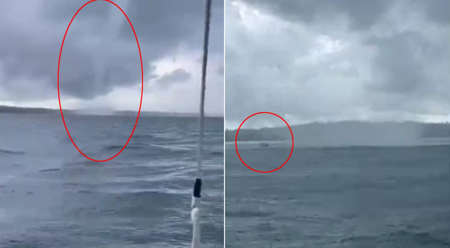 This is the moment a sailing crew came close to the eye of a waterspout in Auckland. Photos / Daniel Leech, Jenna Smith