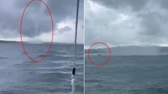 This is the moment a sailing crew came close to the eye of a waterspout in Auckland. Photos / Daniel Leech, Jenna Smith