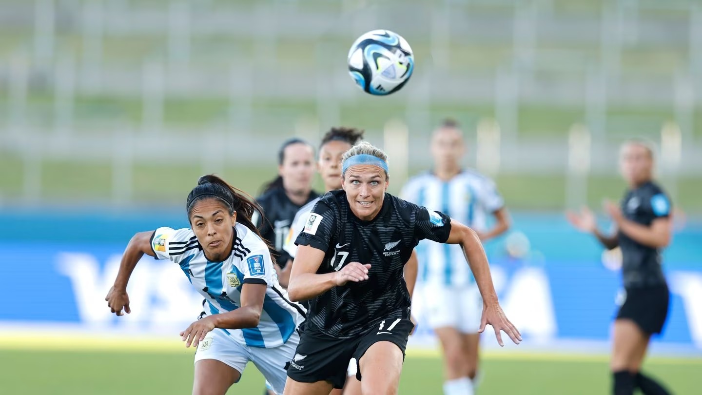 Hannah Wilkinson chases possession in the Football Ferns' friendly against Argentina. Photo / Photosport