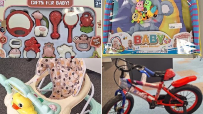 A number of Panda Mart children's products including bikes, toys and baby rattles, have been recalled. Photo / Composite / Supplied