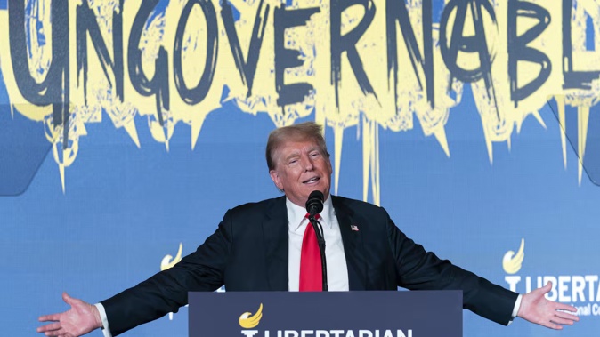 Republican presidential candidate, former President Donald Trump speaks at the Libertarian National Convention at the Washington Hilton. Photo / AP