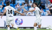 Guillermo May of Auckland FC reacts to scoring a goal with teamate Liam Gillion during the round 26 A-League Men match between Sydney FC and Auckland FC at Allianz Stadium, on April 26, 2026, in Sydney, Australia. (Photo by Steve Christo - Corbis/Corbis via Getty Images)