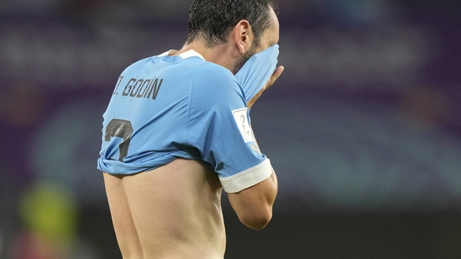 Uruguay's Diego Godin reacts at the end of the World Cup group H soccer match between Uruguay and South Korea. Photo / AP
