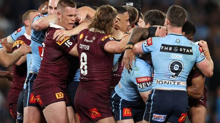 Players scuffle during game three of the State of Origin series between New South Wales Blues and Queensland. Photo / Getty