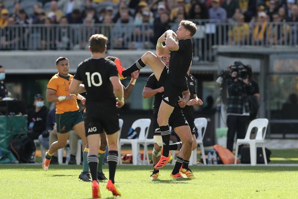 Jordie Barrett of the All Blacks kicks Marika Koroibete which resulted in a red card. (Photo / Photosport)