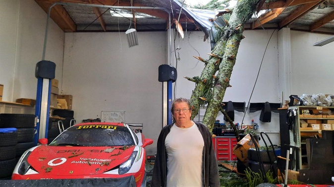 ACS Limited's Tim O'Connor is pictured with a Norfolk pine that has come through the roof after a tornado ripped through Waikanae. Photo / Rosalie Willis