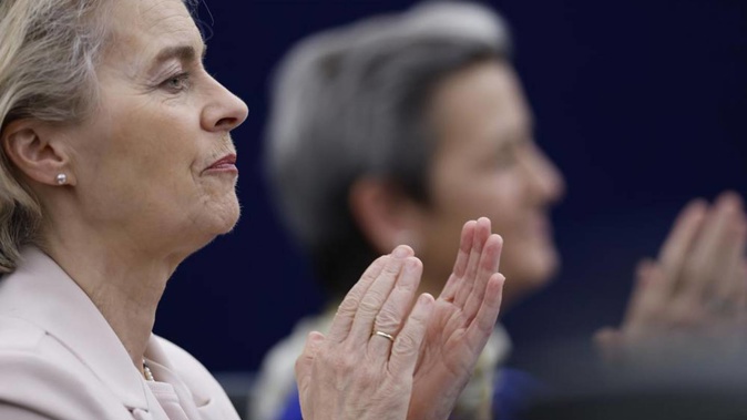 European Commission President Ursula von der Leyen applauds during a ceremony marking the 70th anniversary of the European Parliament, Photo / AP