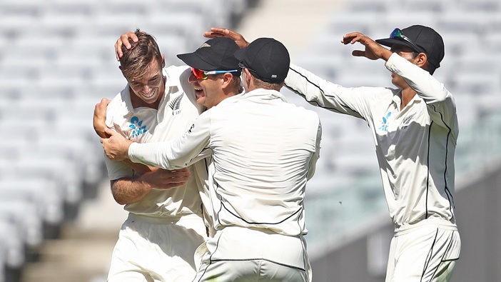 Tim Southee of New Zealand celebrates his caught and bowled of Jonny Bairstow of England during day one of the First Test match between New Zealand and England at Eden Park on March 22, 2018 in Auckland, New Zealand. (Photo by Phil Walter/Getty Images)