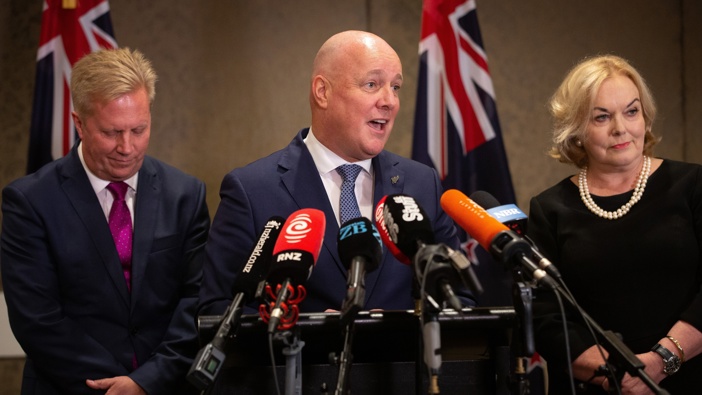 Prime Minister Christophe Luxon, Minister for Science and Technology Judith Collins and Minister for Trade Todd McClay at the media briefing on the reorganisation of Crown Research. Photo / Sylvie Whinray