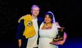 Billy T Award winner Hoani Hotene, and Fred Award winner Angella Dravid, at the 2025 Last Laughs. Photo / Jinki Cambronero