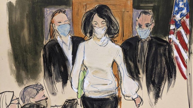 In this courtroom sketch, Ghislaine Maxwell enters the courtroom escorted by U.S. Marshalls at the start of her trial in November, 2021. Photo / AP