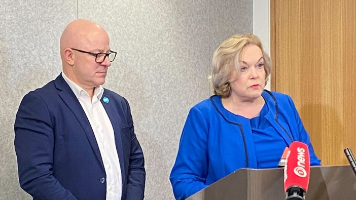 Minister Judith Collins and Minister Matt Doocey making the announcement in Christchurch. Photo / NZME