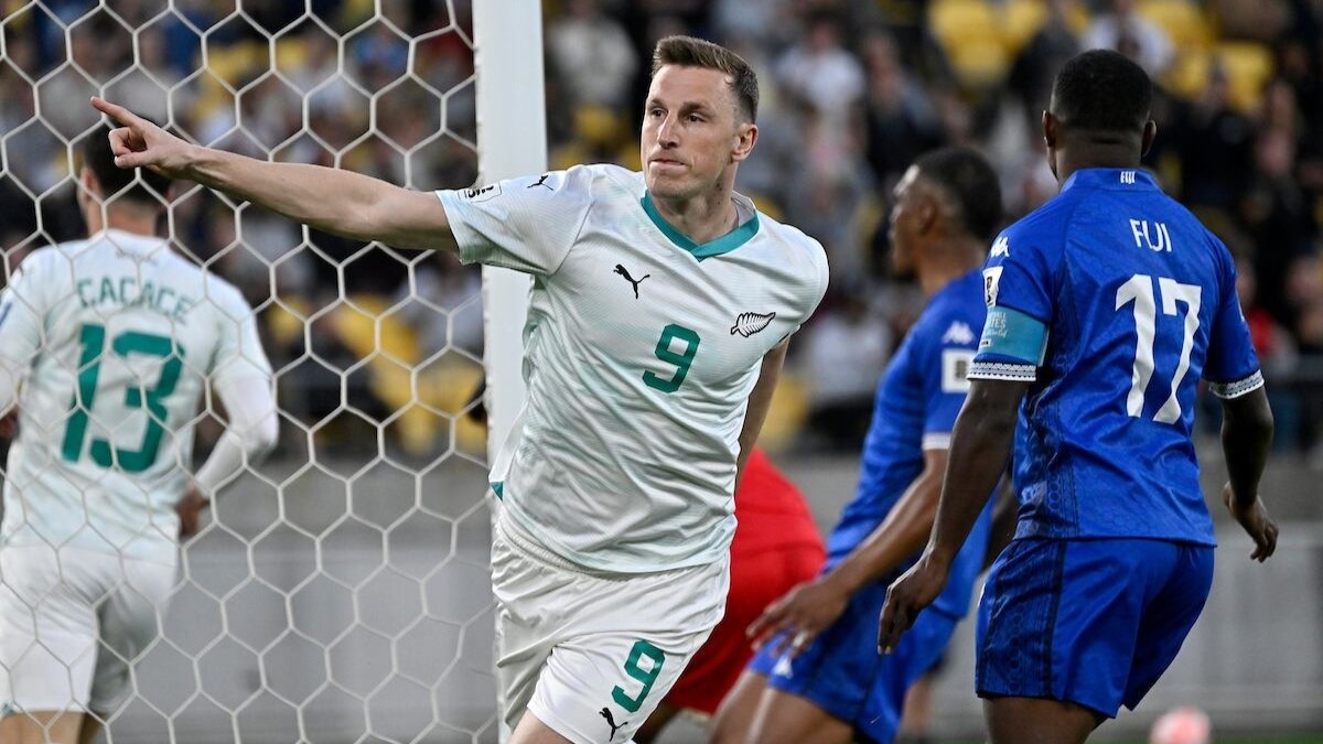Chris Wood celebrates against Fiji. Photo / Photosport