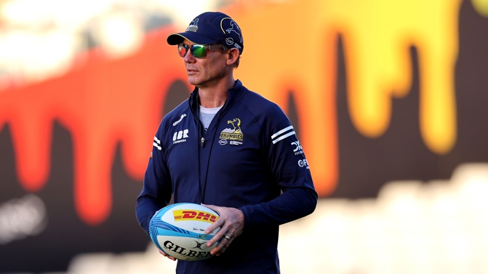 Brumbies coach Stephen Larkham during the round four Super Rugby Pacific match between Blues and ACT Brumbies at Eden Park, on March 07, 2025, in Auckland, New Zealand. (Photo by Phil Walter/Getty Images)