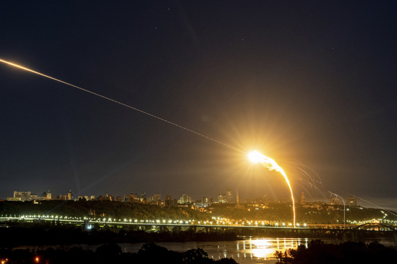 Ukrainian air defense intercepts a Shahed drone mid-air in the third Russia aerial attack on the capital in the last 24 hours in Kyiv, Ukraine, on May 30, 2023. Photo / AP