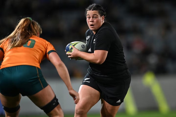 Awhina Tangen-Wainohu on the charge against Australia in the opening match of the Rugby World Cup in 2022. Photo / Photosport