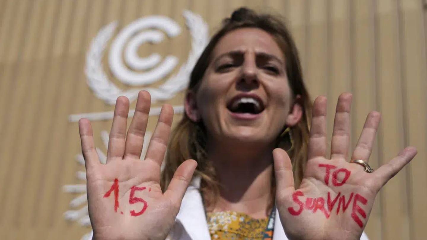 A woman shows her hands reading "1.5 to survive" at a protest advocating against reaching the warming goal at the Cop27 UN Climate Summit. Photo / AP