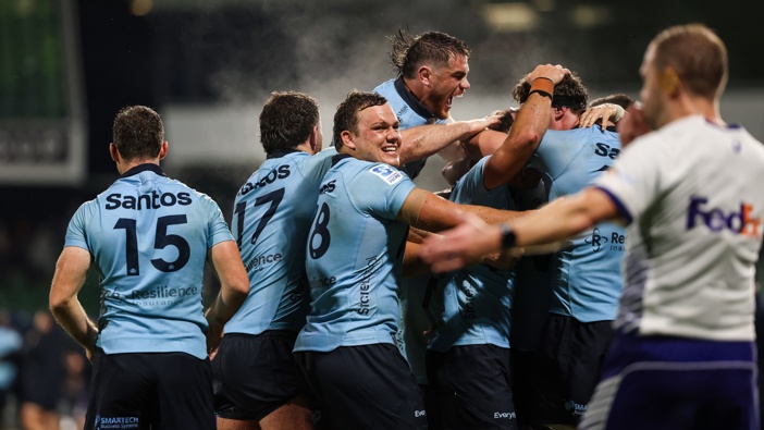 NSW Waratahs celebrate during the round 15 Super Rugby Pacific match between Western Force and NSW Waratahs at HBF Park, on May 24, 2025, in Perth, Australia. (Photo by Travis Hayto/Getty Images)