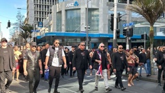 Destiny Church leader Brian Tamaki is leading a protest march down Queen St in central Auckland. Photo / Jaime Lyth