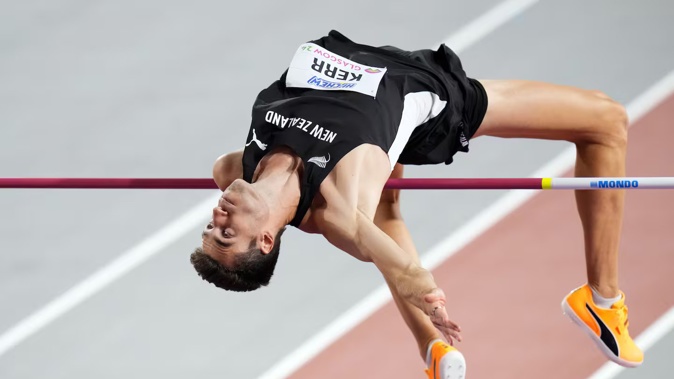 Hamish Kerr makes an attempt in the men's high jump during the World Athletics Indoor Championships at the Emirates Arena in Glasgow, Scotland. Photo / AP