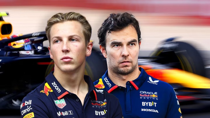 Liam Lawson (left) could be blocked by Red Bull's support for Sergio Perez. Photos / Getty Images