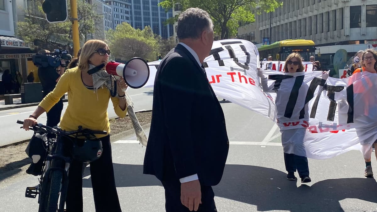 Fossil fuel protesters advocating against the Government’s proposal to bring back oil and gas exploration have been caught on camera using a megaphone to shout in Resources Minister Shane Jones’ face. Photo / Azaria Howell