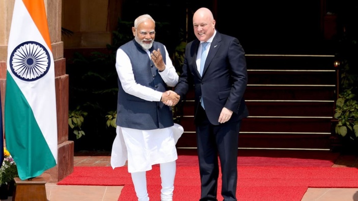 Prime Minister of India Narendra Modi welcomed Prime Minister of New Zealand Christopher Luxon to India in March. Photo / RNZ / Marika Khabazi.