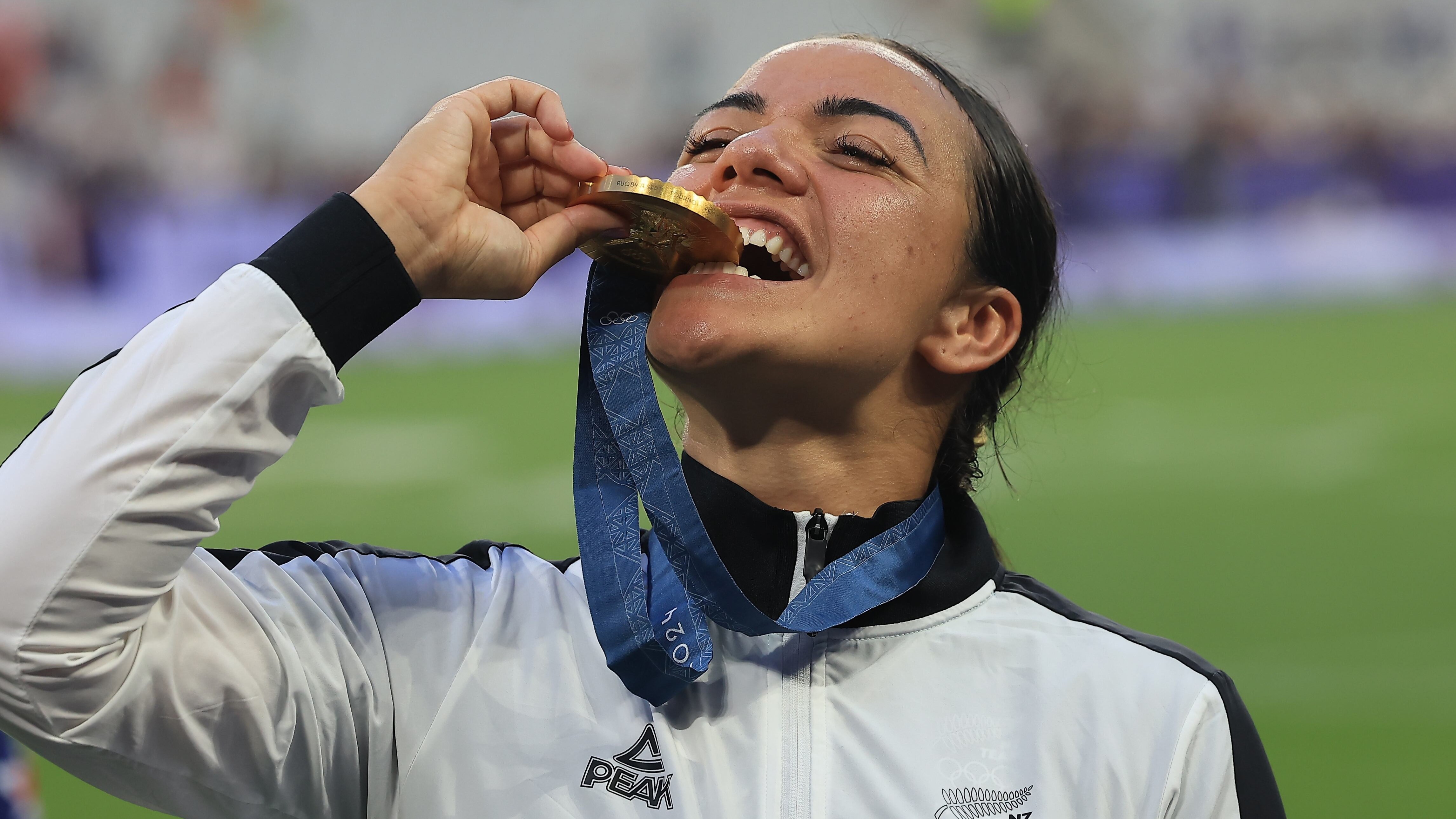 Stacey Waaka celebrates with her gold medal after the Black Ferns Sevens won the Olympic final in Paris. Photo / Photosport