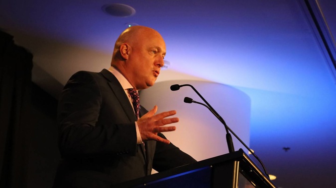National Party leader Christopher Luxon speaking at Eden Park last month. Photo / Jed Bradley.