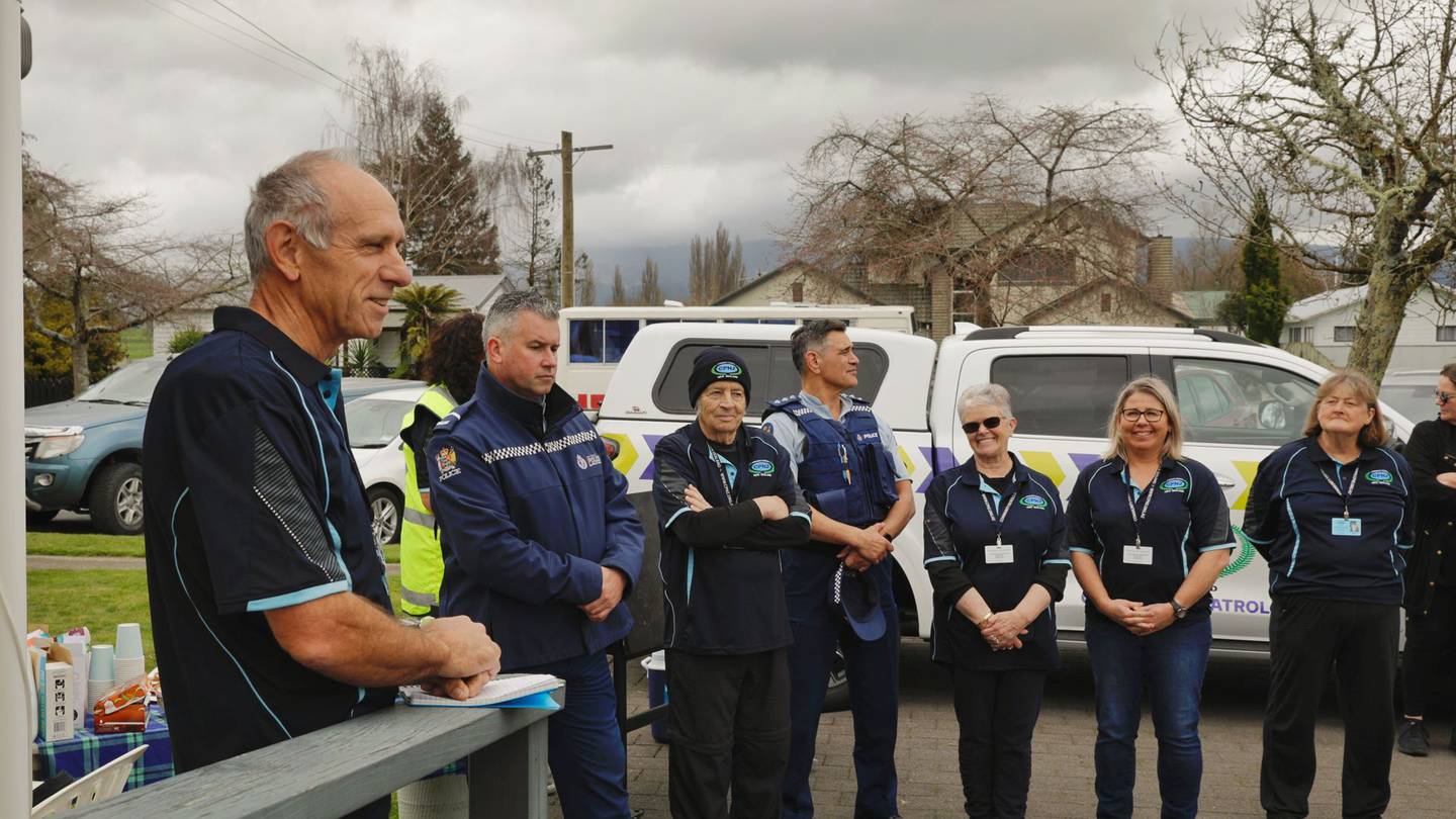 Reporoa Community Patrol chairman Bruce Vermeulen addresses the crowd at the unveiling of its new vehicle this afternoon. Photo / Mead Norton