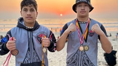 Quin Witehira (left) and Ryker Tepania showcase their WKA World Championships 2023 medals.